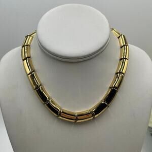 Monet Signed Vintage Two Textured Link Articulated Semi Rigid Choker Necklace